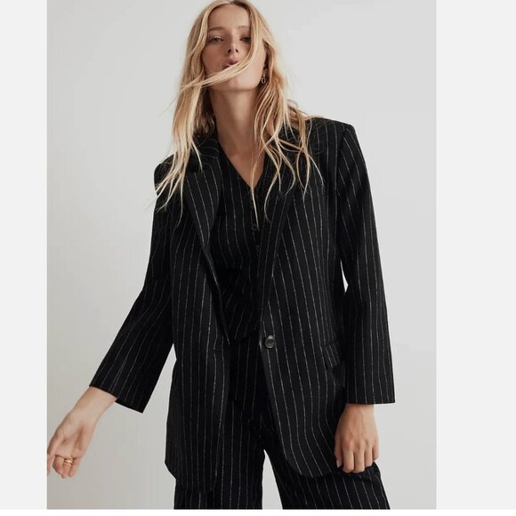 NWT Madewell $188 Oversized Blazer in Pinstripe Black Size 10 NN825 WOOL Blend - Picture 3 of 10